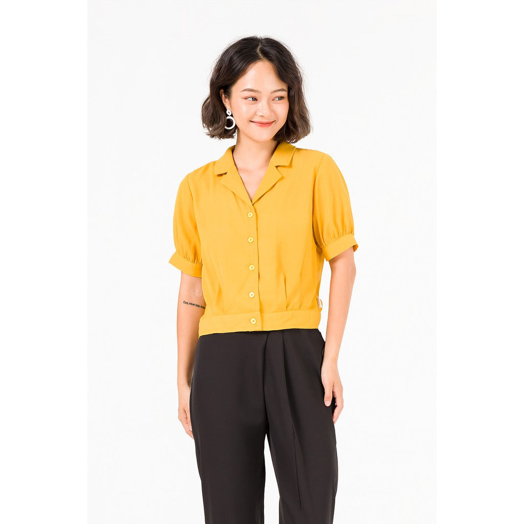 Women's vest collar shirt with puffed sleeves - Elegant crop top shirt vest with puffed sleeves VIENNE TRAN V61B20H044