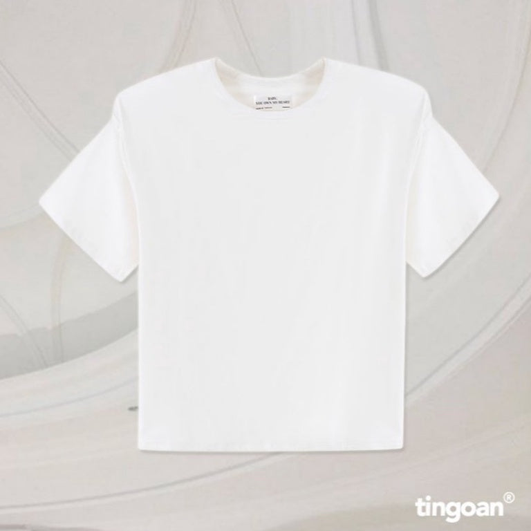 TINGOAN® - White round neck 2-layer shoulder padded T-shirt LOVE SELLER TSHIRT/WH