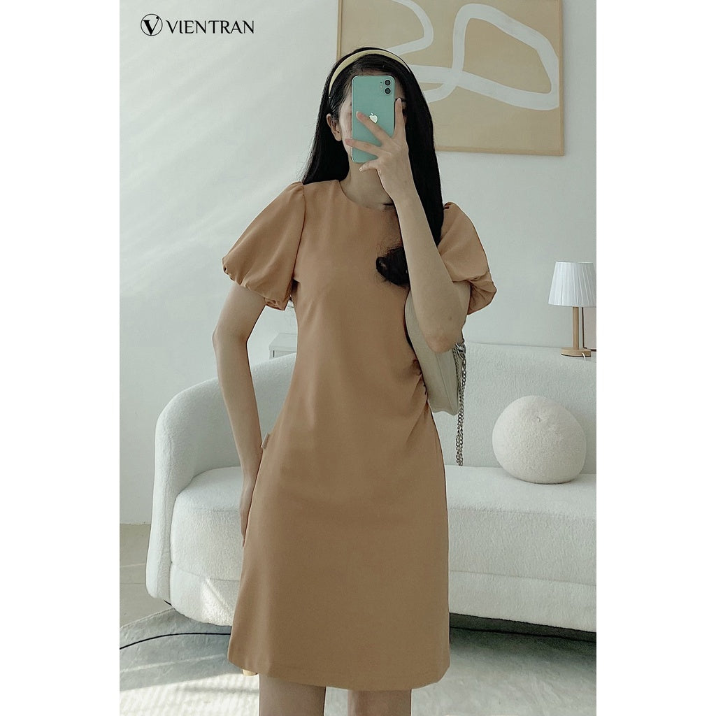 Women's A-line dress with flared sleeves and waist - Super flattering A-line women's one-piece dress with elastic waist VIENNE TRAN V63R21H006