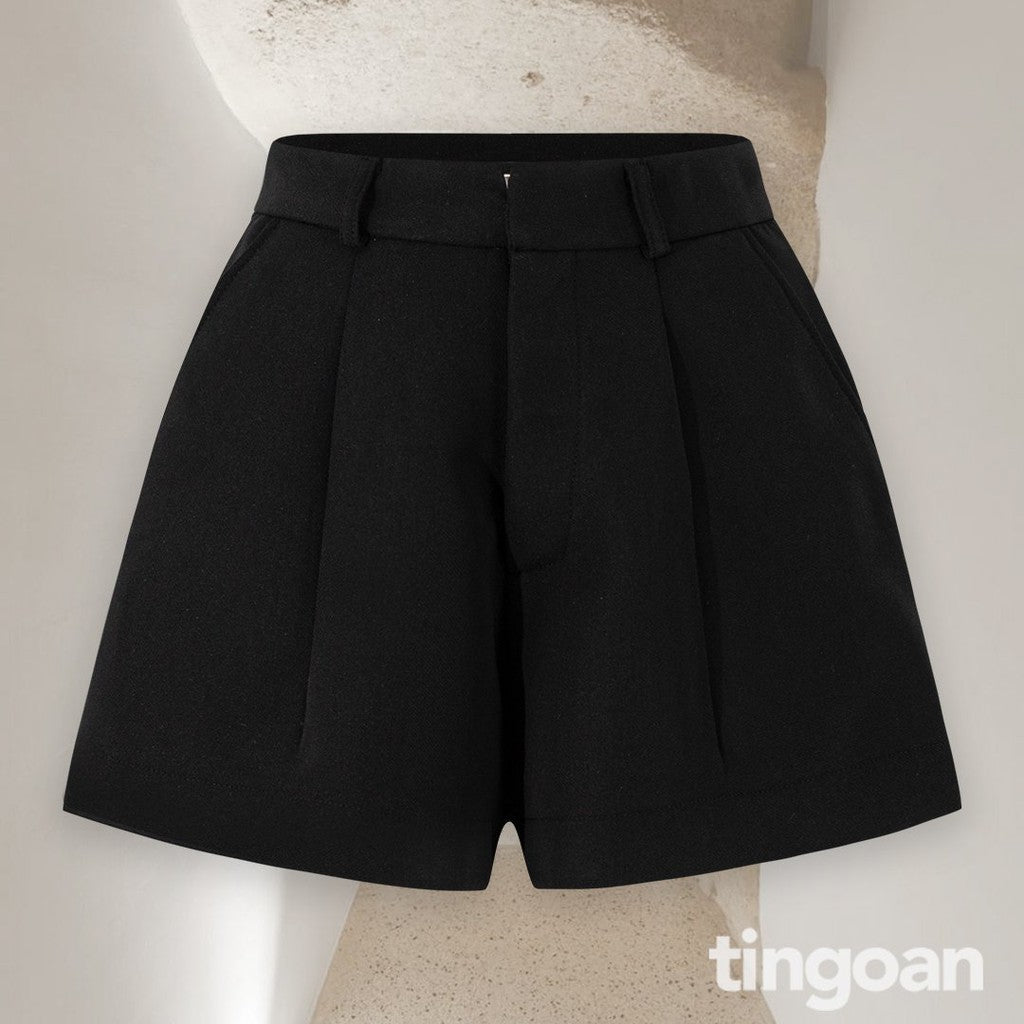 TINGOAN® - Quần shorts đen cạp cao chiết ly eo JOCIE SHORTS/BL