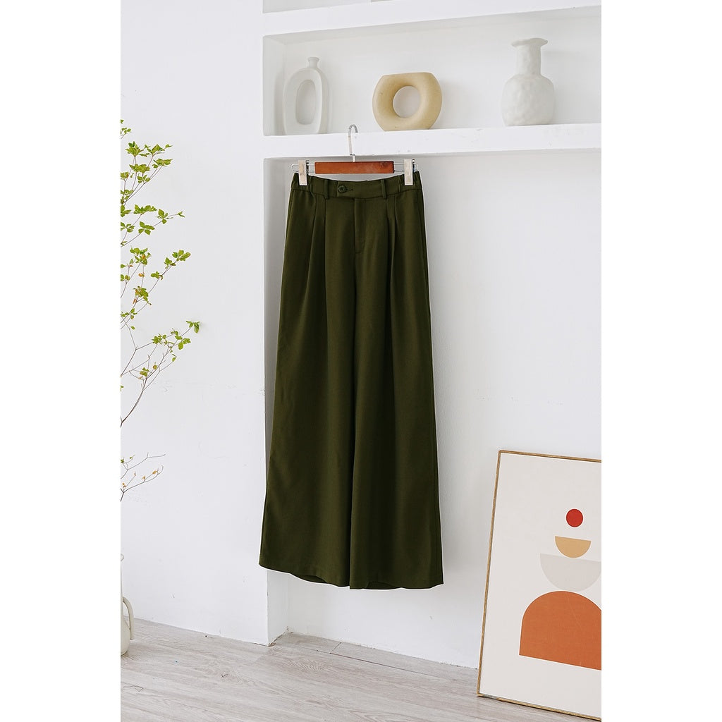 Women's Wide Leg Trousers with Ripped Buttons and Elastic Ribs - Office Straight Straight Leg Pants VIENNE TRAN V64W21Q001