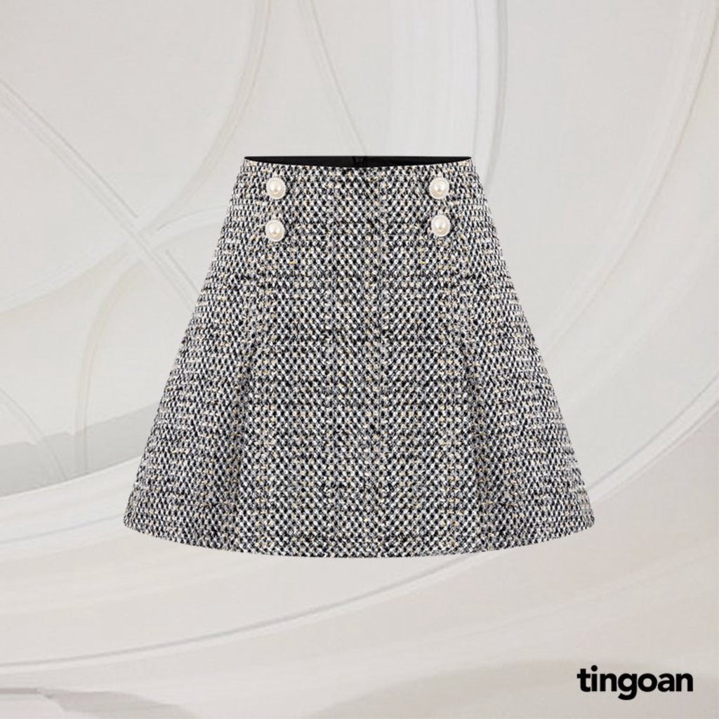 TINGOAN® - Gray high-waisted pleated tweed skirt FORGET ME NOT SKIRT/GR