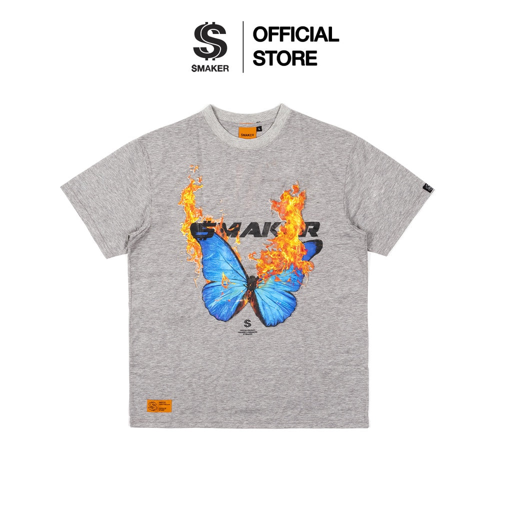 [SMAKER] Unisex cotton t-shirt for men and women, loose form, loose sleeves, genuine local brand - "FIRE BUTTERFLY" TEE IN SALT &amp; PEPPER