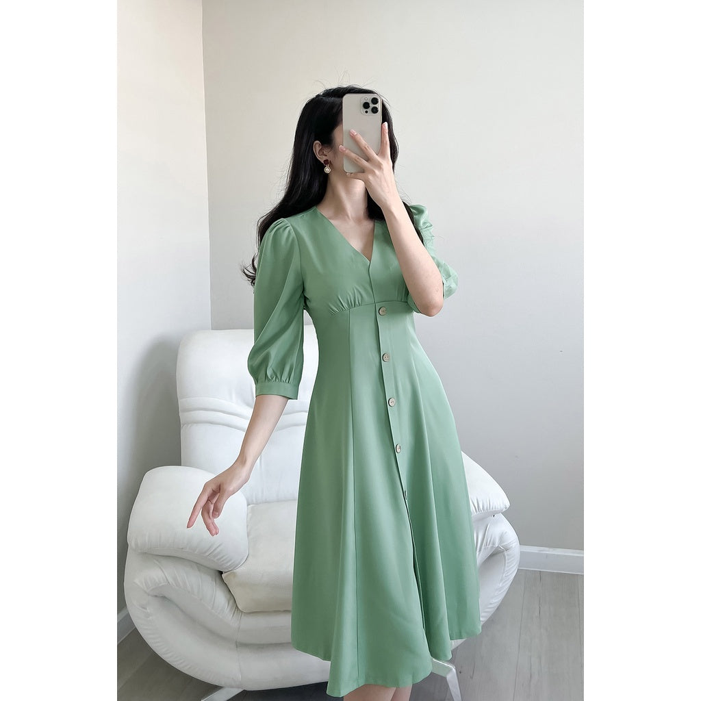 Women's V-neck midi dress with puff sleeves - Super flattering flared waist long dress VIENTRAN V63I22H005