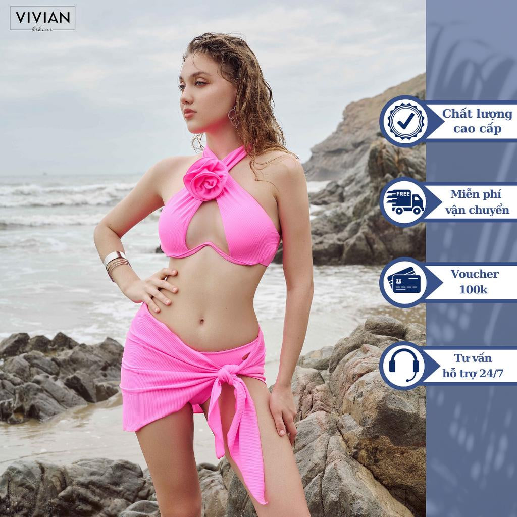 High-quality women's two-piece low-waisted swimsuit, cover skirt &amp; floral design - color Pink - VS197_PK