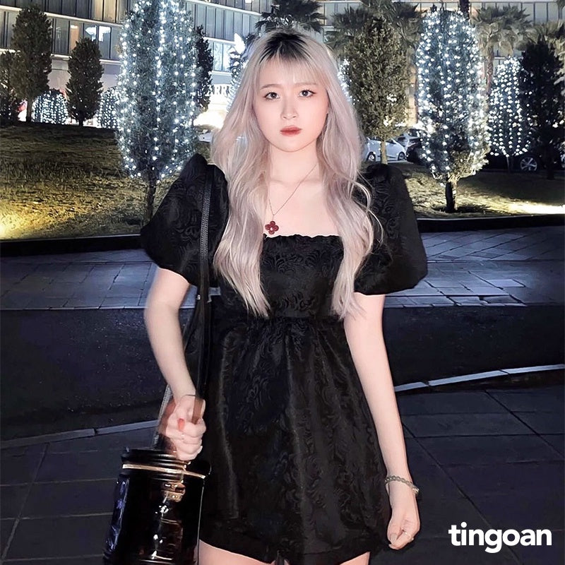 TINGOAN® - Brocade babydoll shirt with square collar and black bow tie back I'M BLUSHING TOP/BL