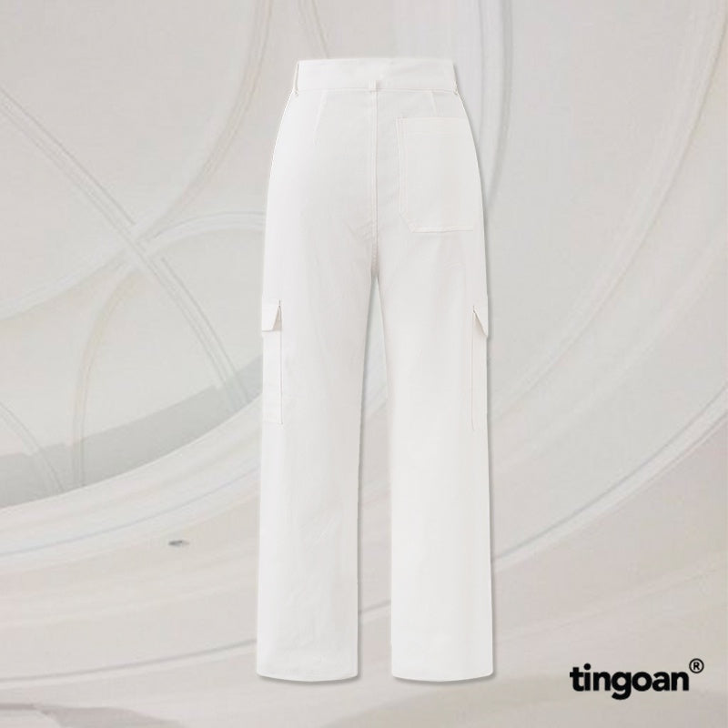 TINGOAN® - White khaki pants with straight waistband and box pockets on both sides LOVE REMOVER PANTS/WH