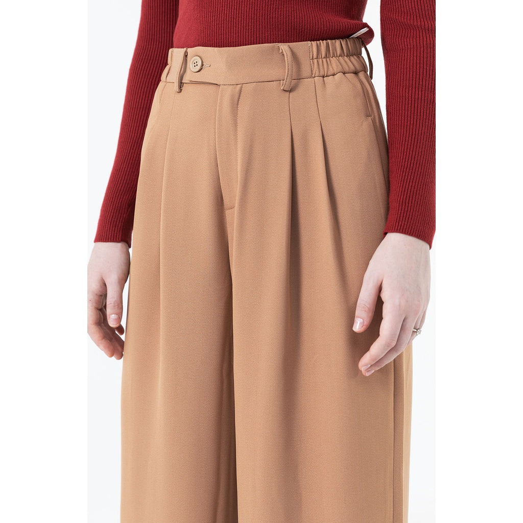 Women's Wide Leg Trousers with Ripped Buttons and Elastic Ribs - Office Straight Straight Leg Pants VIENNE TRAN V64W21Q001