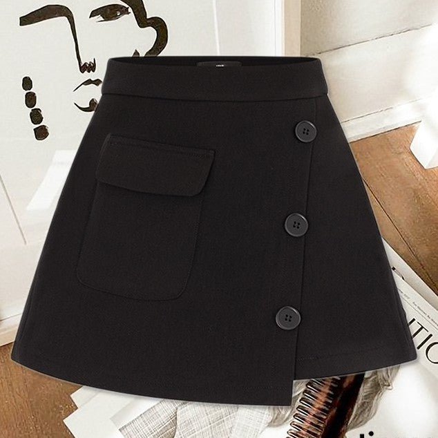 TINGOAN® - SOFT GLAM SKORTS /BL black 3-button cross-flap high-waisted skirt pants