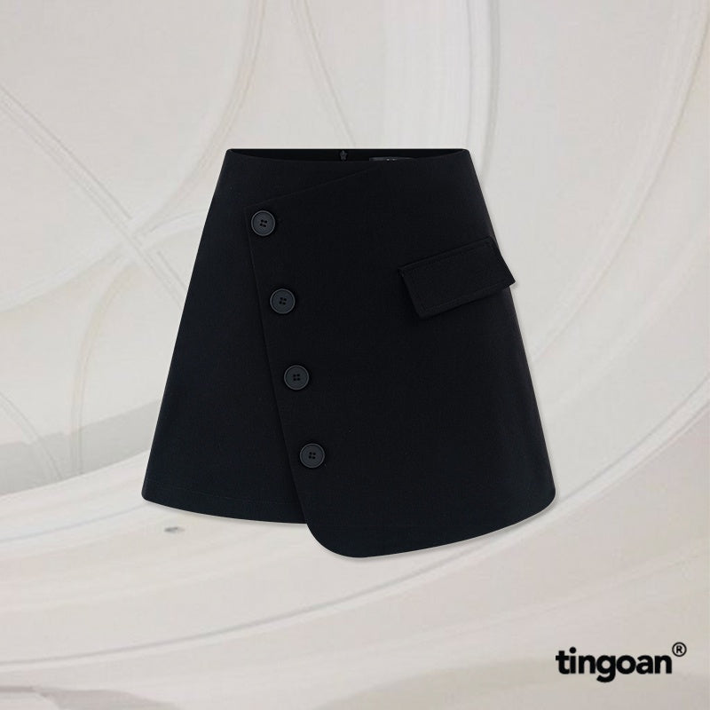 TINGOAN® - Low-waist black diagonal skirt with buttons NEXT TO ME SKIRT/BL