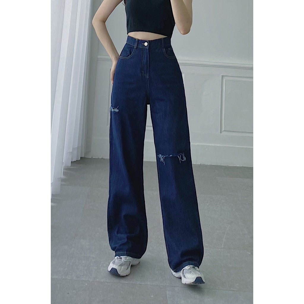 Quần jeans nữ ống rộng rách đùi - Quần ống rộng rách gối nữ trẻ trung cá tính VIENNE TRAN V64W21Q011