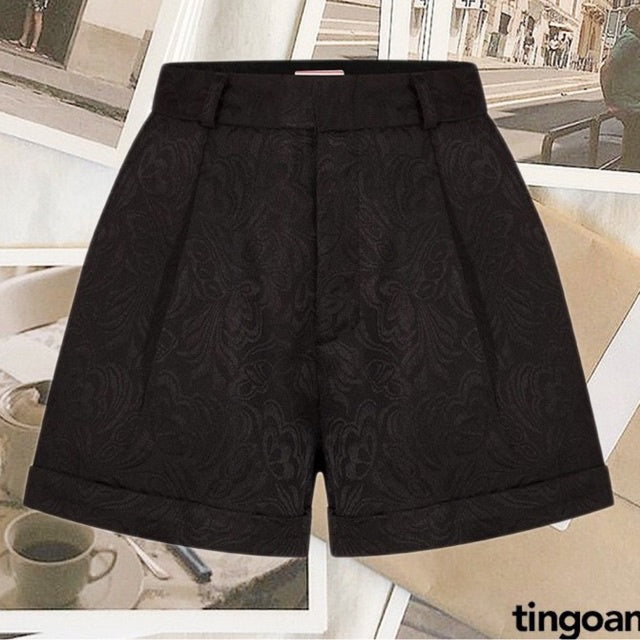 TINGOAN® - LIBRA SHORTS/BL black brocade high-waisted shorts