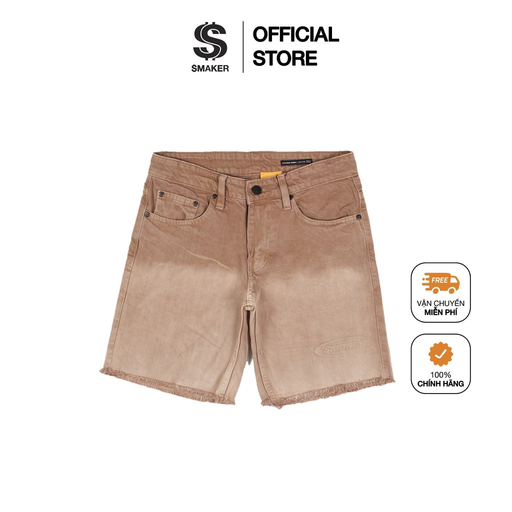 [SMAKER] Men's shorts, high quality brown jean shorts, local brand, embossed logo - EMBOSSED LOGO WASHED DENIM SHORT