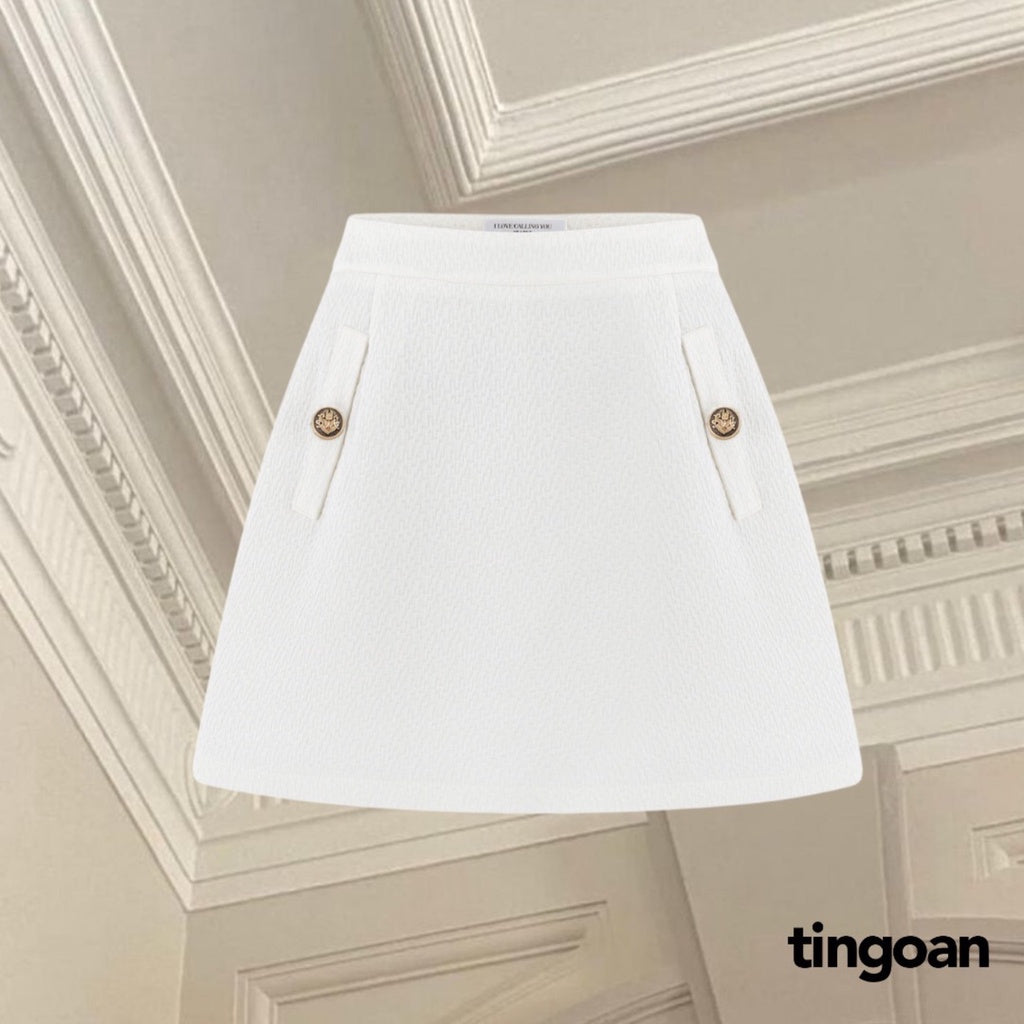 TINGOAN® - Chân váy tweed trắng 2 cúc CARAT CAKE SKIRT/WH V3 phiên bản mới nhất tháng 7 năm 2023