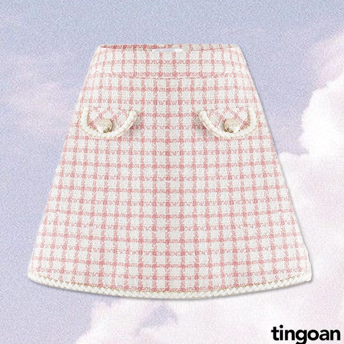 TINGOAN® - High-waisted 2-button pink checkered tweed skirt ROSIE SAKURA SKIRT/PK