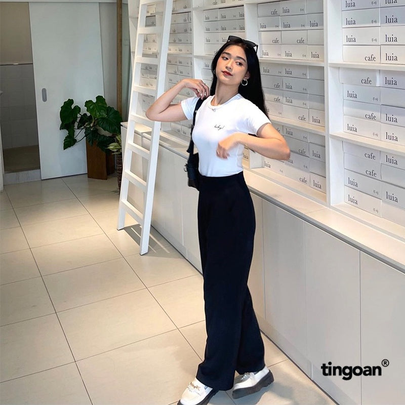 TINGOAN® - THUNDERCLOUD PANTS/BL black loose-fitting high-waist pants with wide-leg details, latest version October 2023