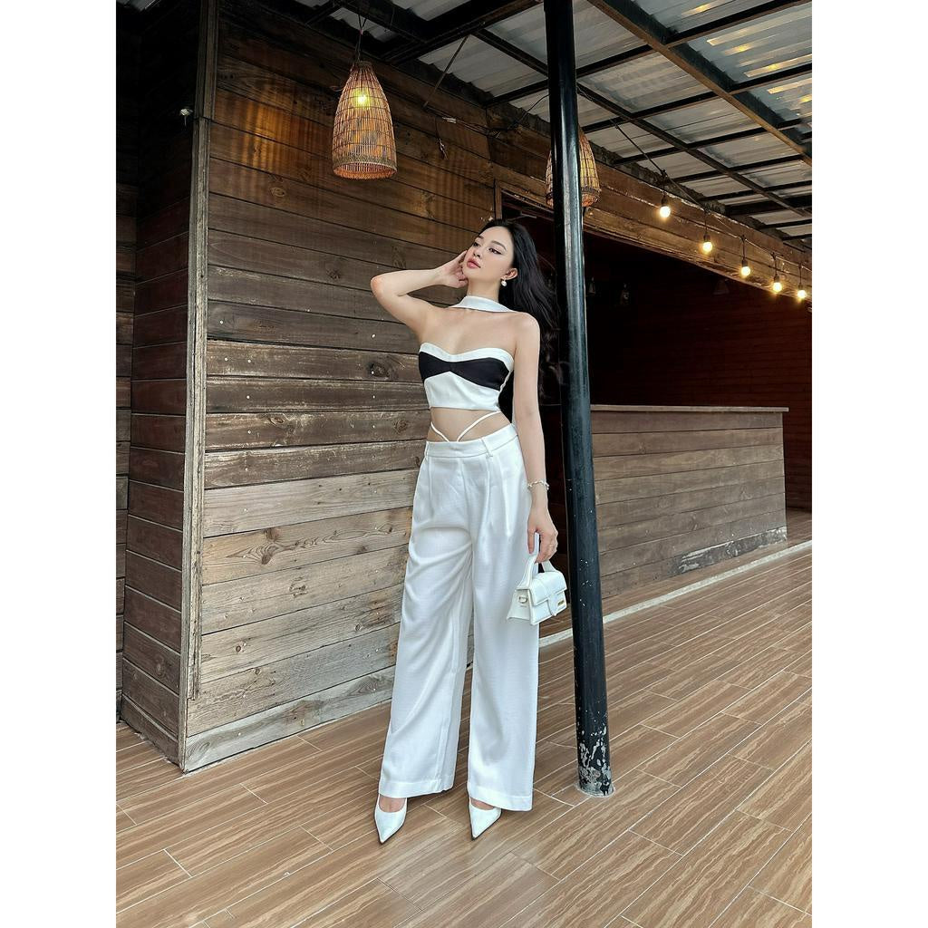 Set Linen Strapless Crochet Top with Robe + Straight Pants LSEOUL B23041303 Elegant Sexy 