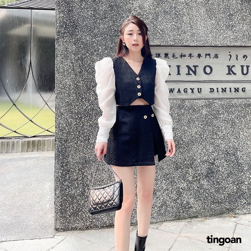 TINGOAN® - Chân váy tweed cạp lưng cao xẻ vạt đen IN PARIS TWEED SKIRT/BL