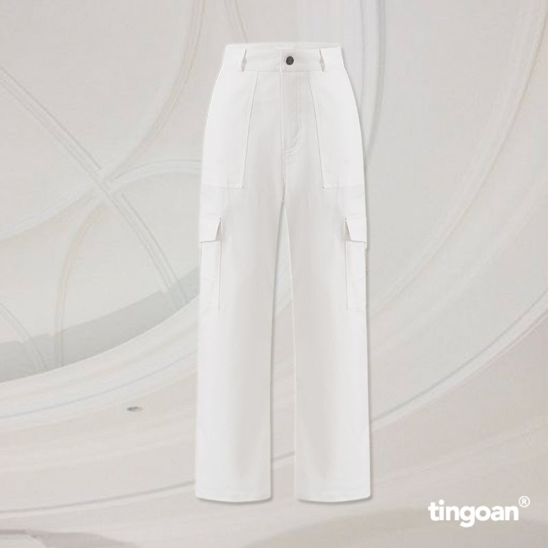 TINGOAN® - White khaki pants with straight waistband and box pockets on both sides LOVE REMOVER PANTS/WH