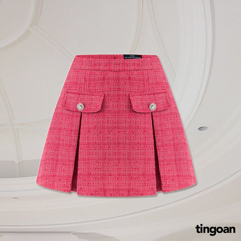 TINGOAN® - Chân váy tweed cạp lưng cao xếp ly hồng PINK SWEET SKIRT/PK