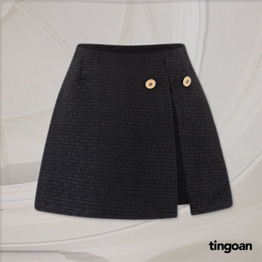 TINGOAN® - Chân váy tweed cạp lưng cao xẻ vạt đen IN PARIS TWEED SKIRT/BL