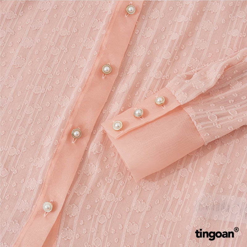 TINGOAN® - See-through blouse with stand collar and matching string with pink shades GLOSSIE BLOUSE/PK