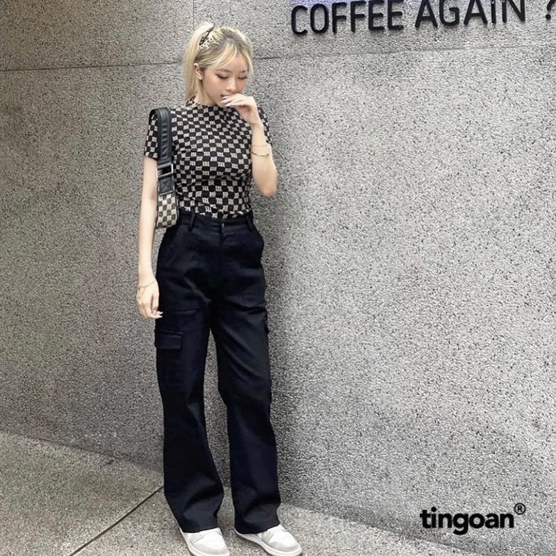 TINGOAN® - Regular-waisted black khaki pants with box pockets on both sides LOVE REMOVER PANTS/BL