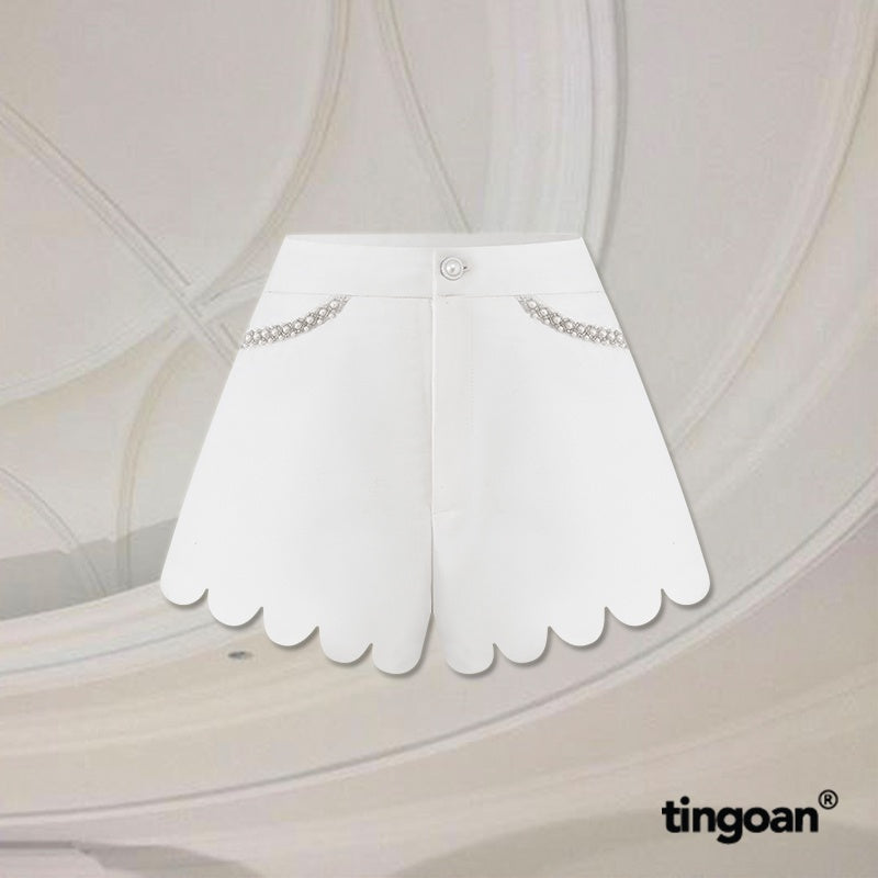 TINGOAN® - Quần shorts cạp cao tafta lượn viền hoa trắng LOVE LINER SHORTS/WH