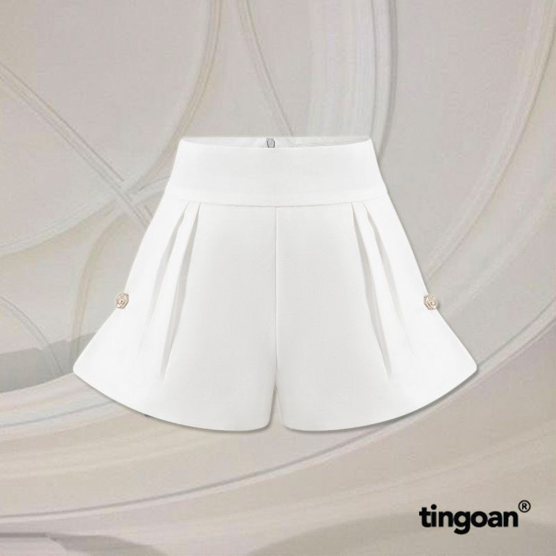 TINGOAN® - High-waisted tafta shorts with white hem buttons NO PHOTO SHORTS/WH