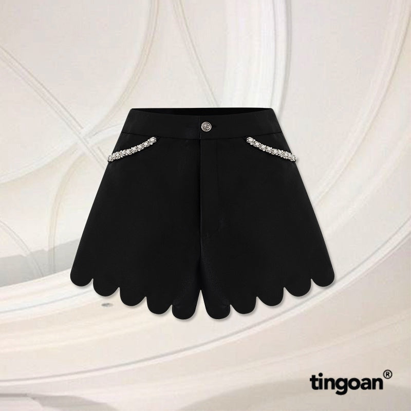 TINGOAN® - Quần shorts cạp cao tafta lượn viền hoa đen LOVE LINER SHORTS/BL