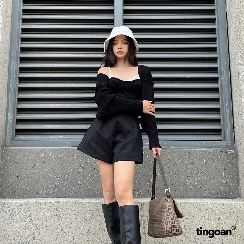 TINGOAN® - Quần shorts cạp cao chiết ly eo đen BUBBLE SHORTS/BL