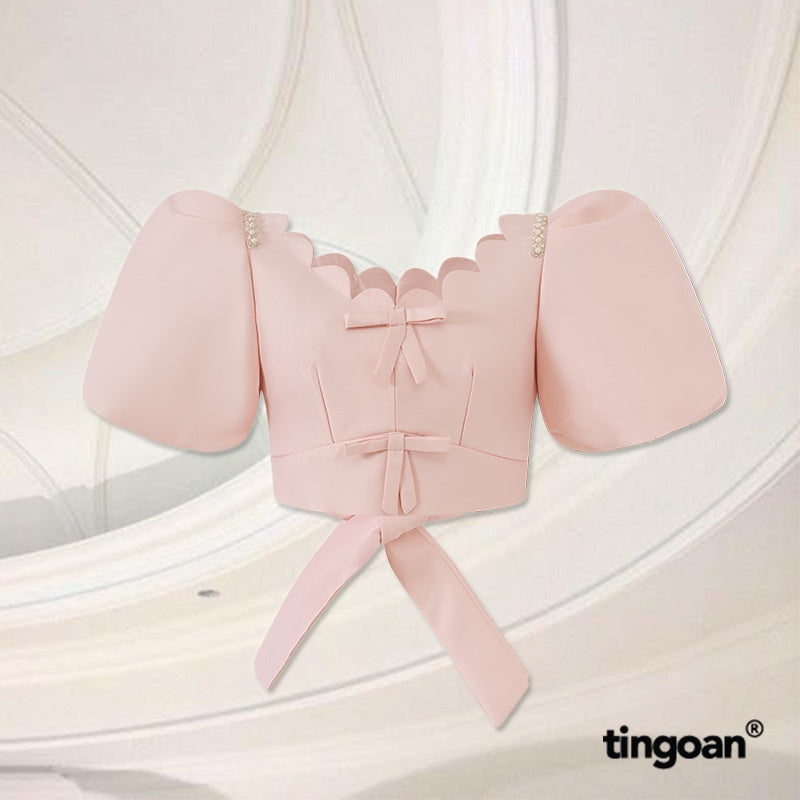 TINGOAN® - Tafta crop top with puff sleeves and pink bow back design LOVE LINER TOP/PK