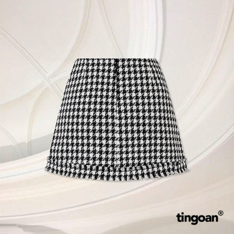 TINGOAN® - Chân váy tweed caro cạp thấp viền tua rua TWICE SHY SKIRT/CR