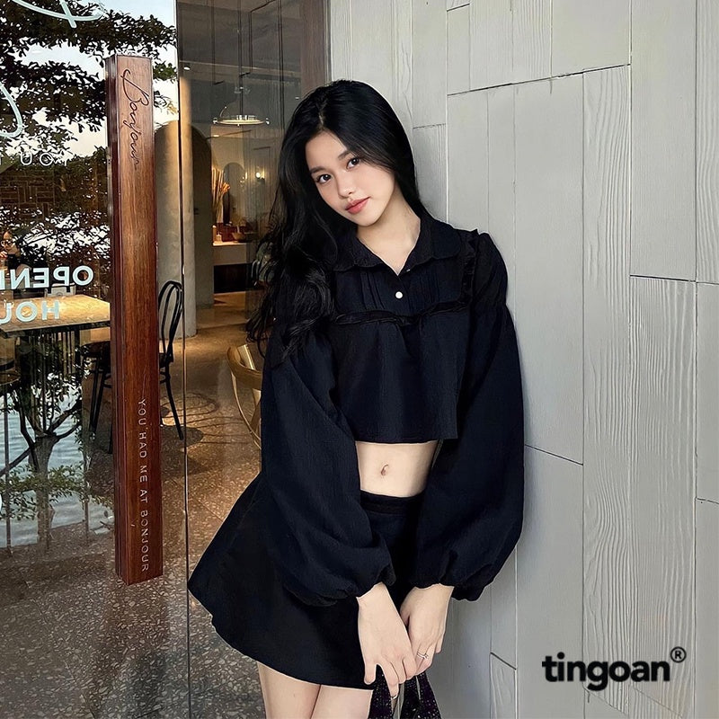 TINGOAN® - Áo somi crop lửng babydoll cổ chi tiết tay dài bồng 2 nấc đen PASTEL MIMI SHIRT/BL