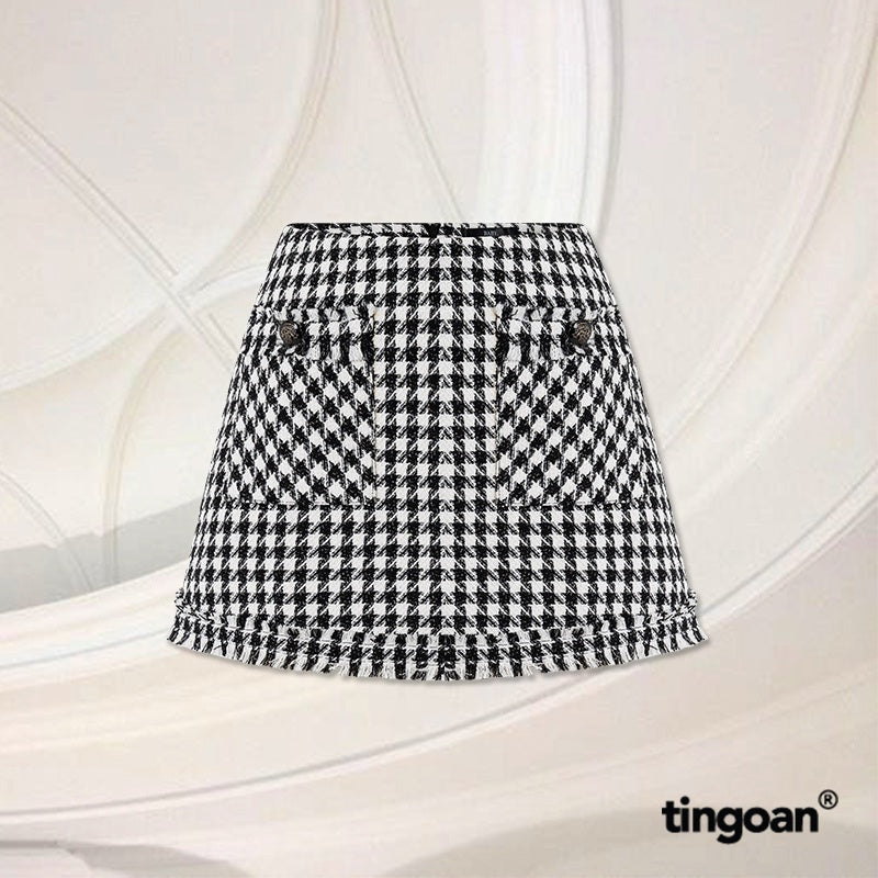 TINGOAN® - Chân váy tweed caro cạp thấp viền tua rua TWICE SHY SKIRT/CR