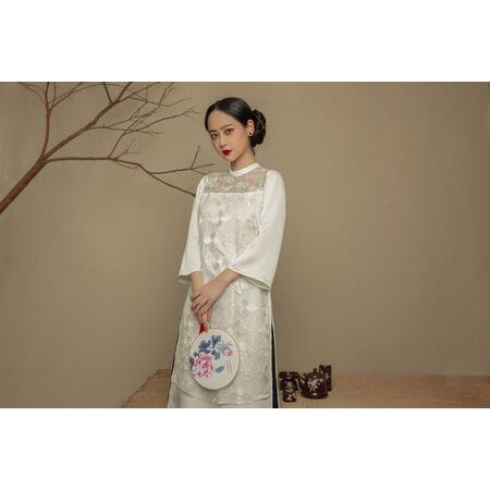 Elegant white mesh ao dai VIEN TRAN V61A19Q052