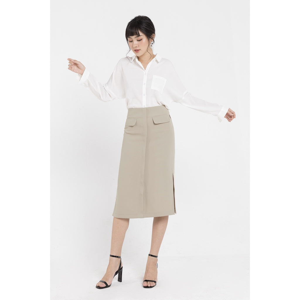 Knee-length midi skirt with 2 pockets - V62T19Q004