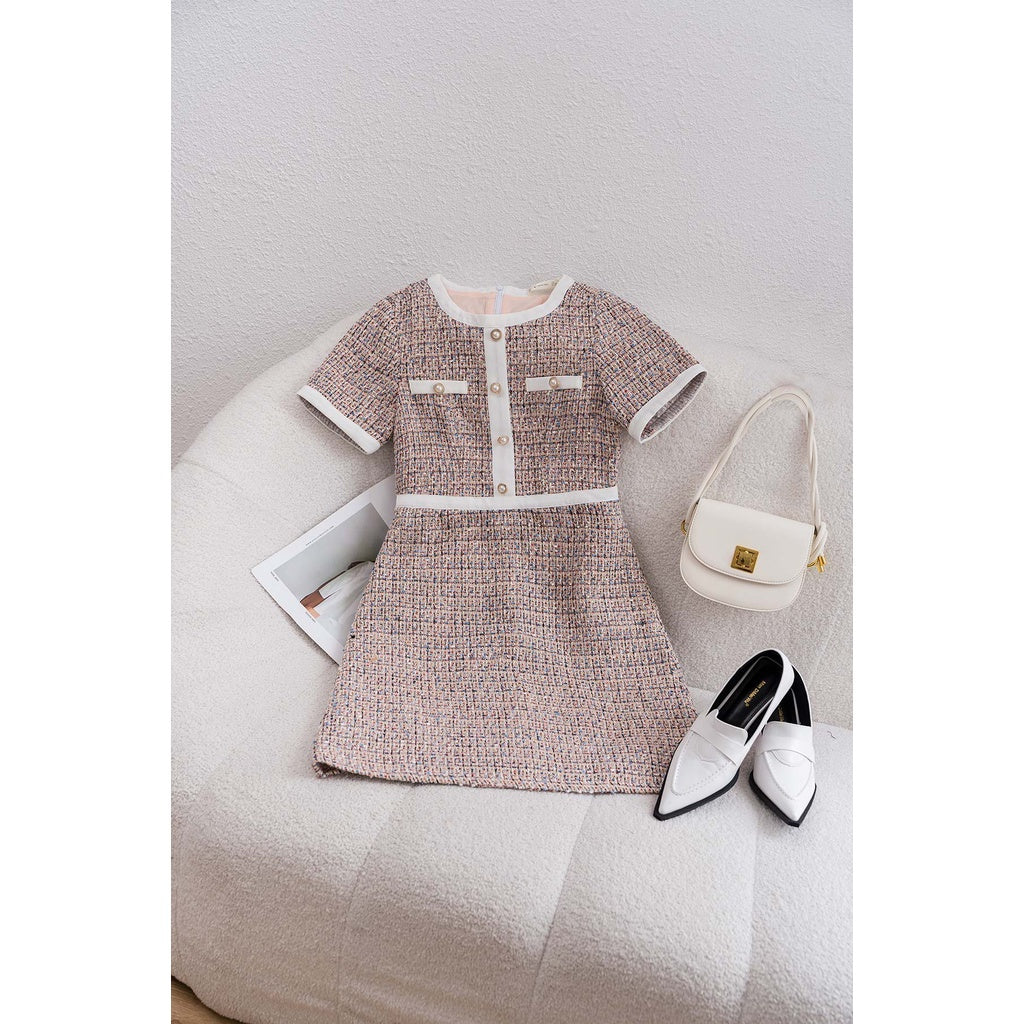 A-line tweed dress with braces - Pearl button A-line dress V63R22T011