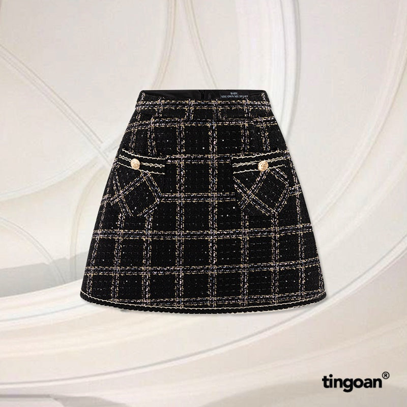 TINGOAN® - Chân váy tweed lấp lánh cạp cao form A đen SHADES OF LOVE SKIRT/BL