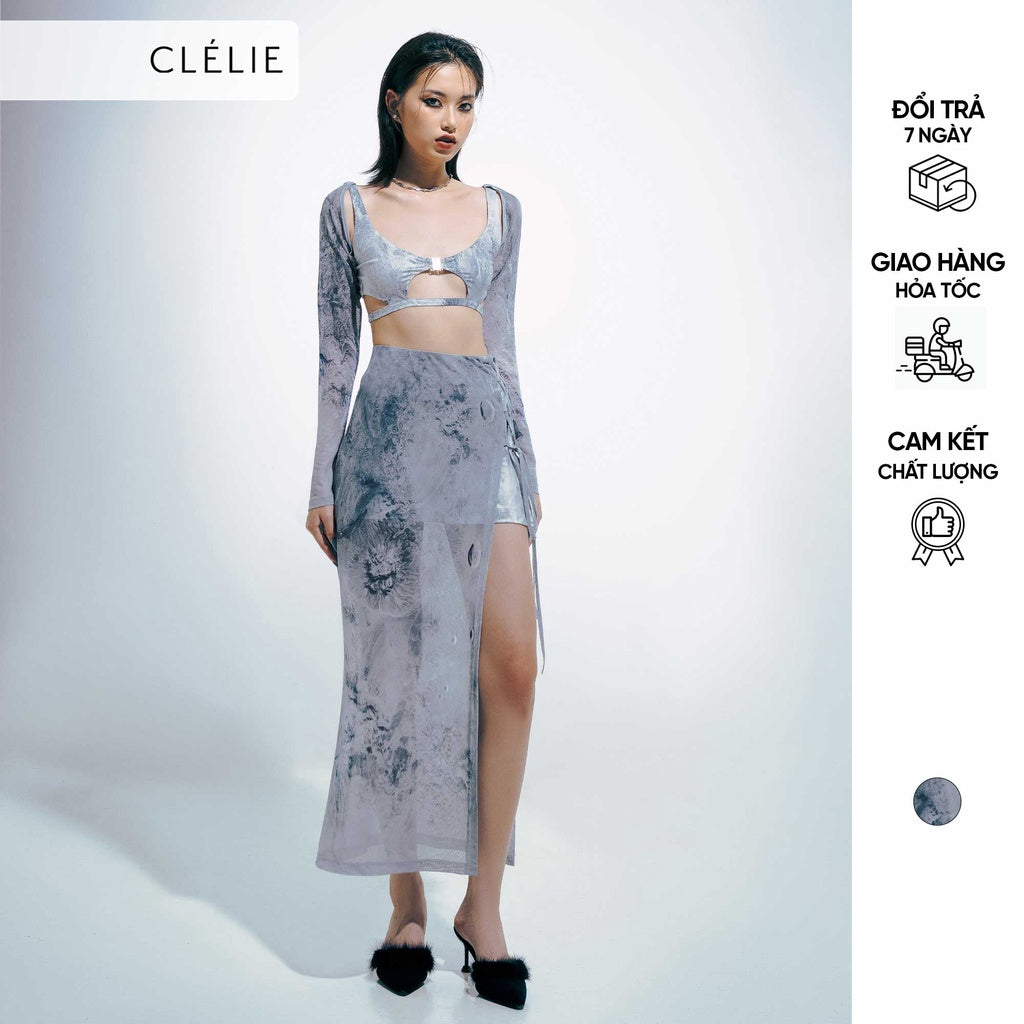 Set of cut-out long-sleeved crop top and long slit skirt | STELLA SET - CLÉLIE 