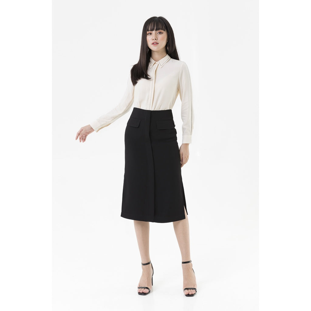 Knee-length midi skirt with 2 pockets - V62T19Q004