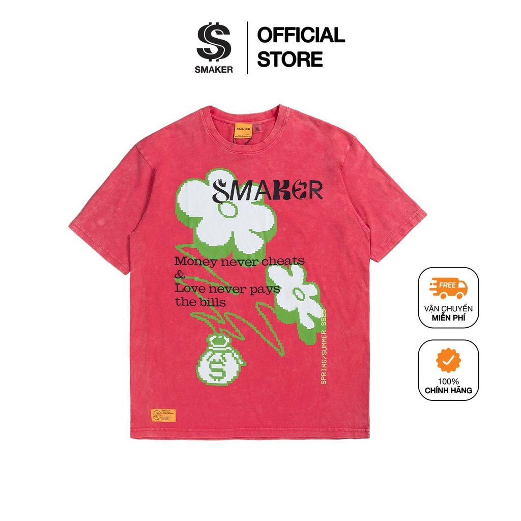 [SMAKER] Áo thun cotton nam nữ Unisex form rộng tay lỡ, local brand chính hãng - MONEY NEVER CHEATS WASHED TEE IN PINK