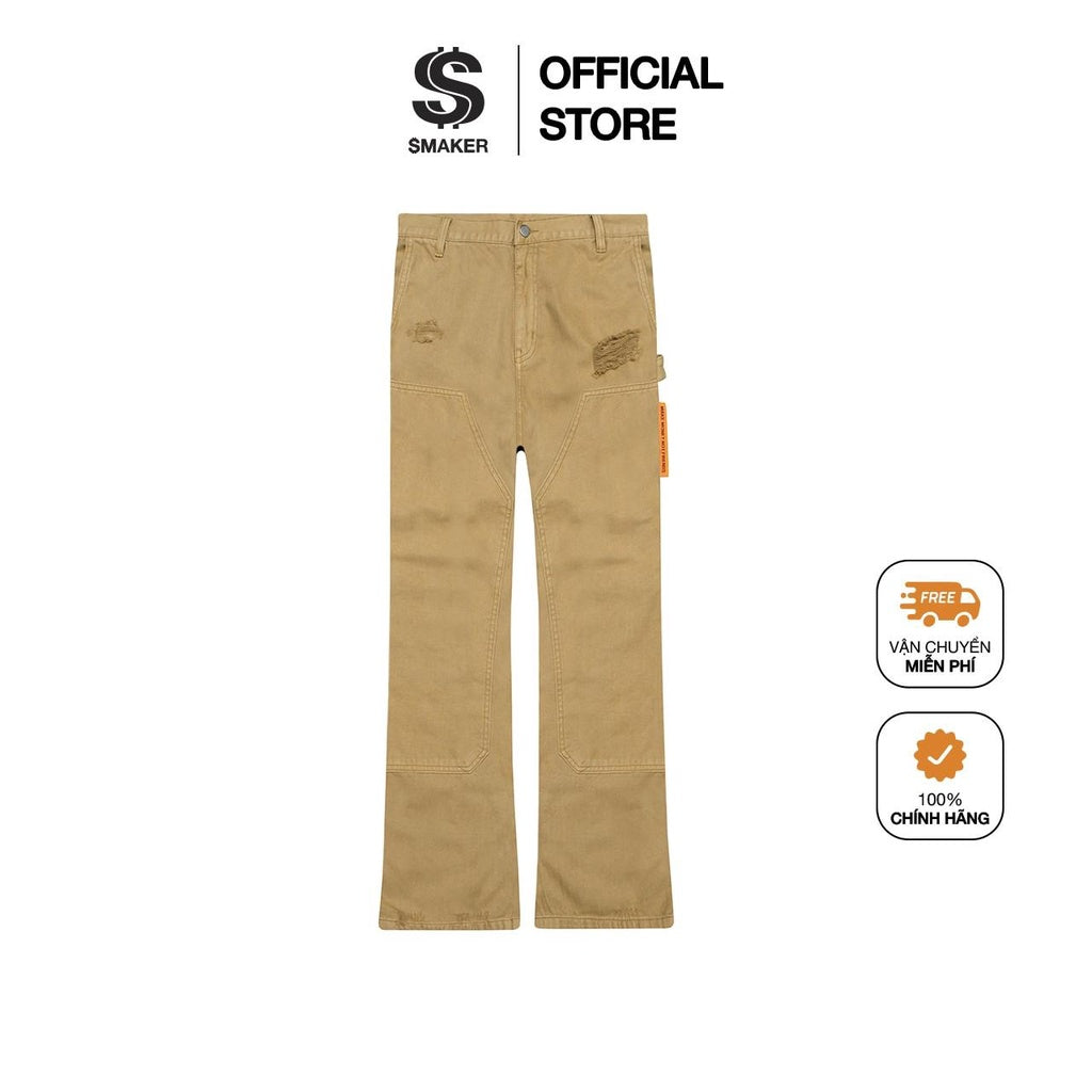 $MAKER x SWE CARGO FLARE PANTS IN BROWN - Quần jeans cargo màu nâu be, form ôm