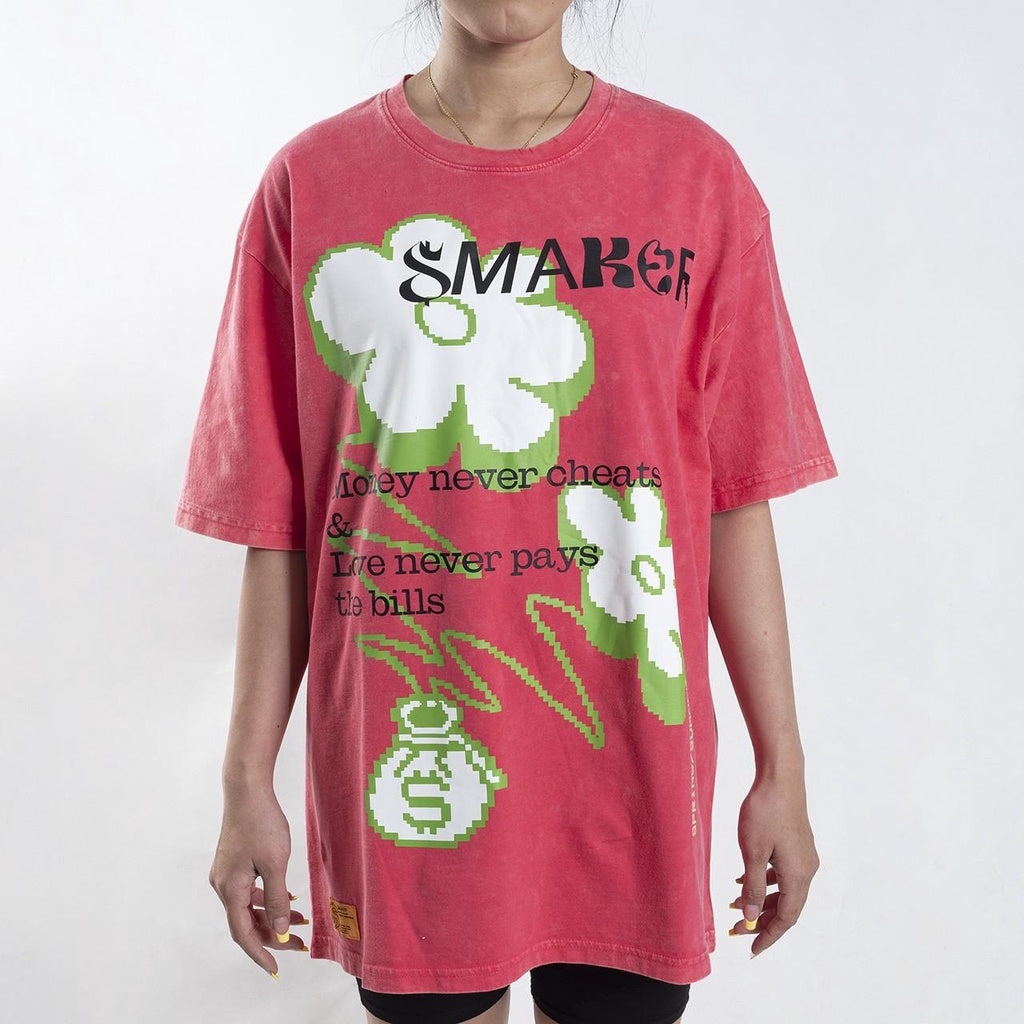 [SMAKER] Áo thun cotton nam nữ Unisex form rộng tay lỡ, local brand chính hãng - MONEY NEVER CHEATS WASHED TEE IN PINK