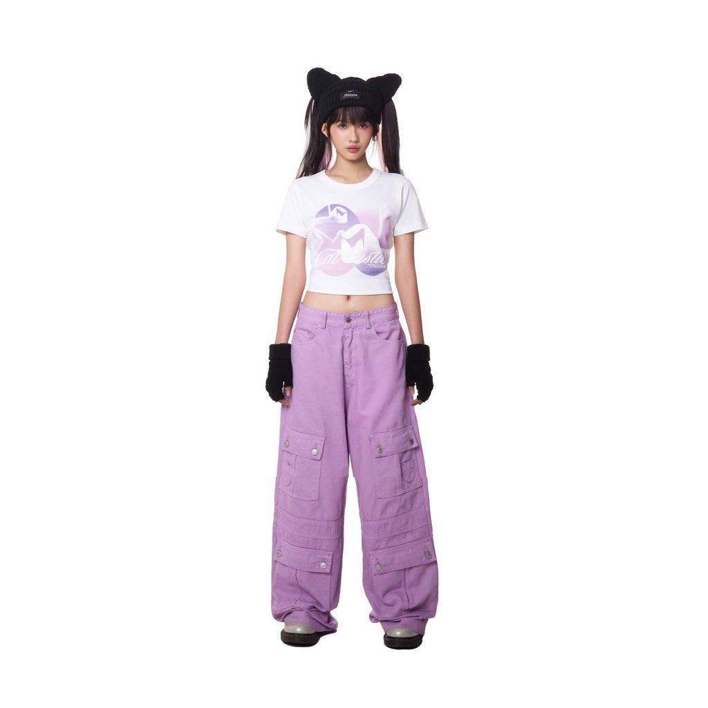 Unisex LIDER Lilac Meow Tee, Cropped/Oversized Cotton