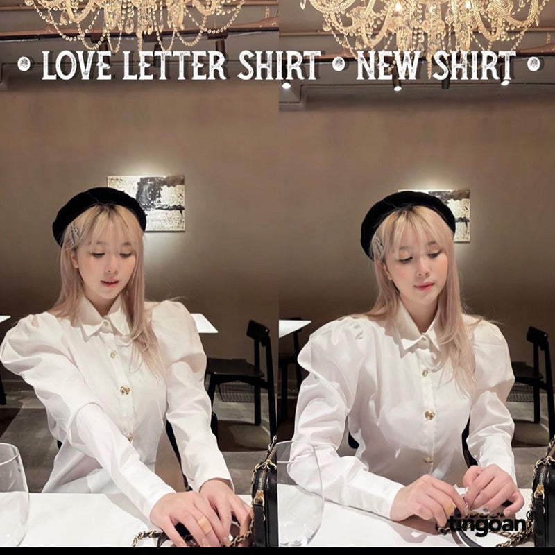 TINGOAN® - Áo sơmi dài tay cổ bẻ vai bồng cúc đá lấp lánh phối cúc nơ trắng LOVE LETTER SHIRT/WH