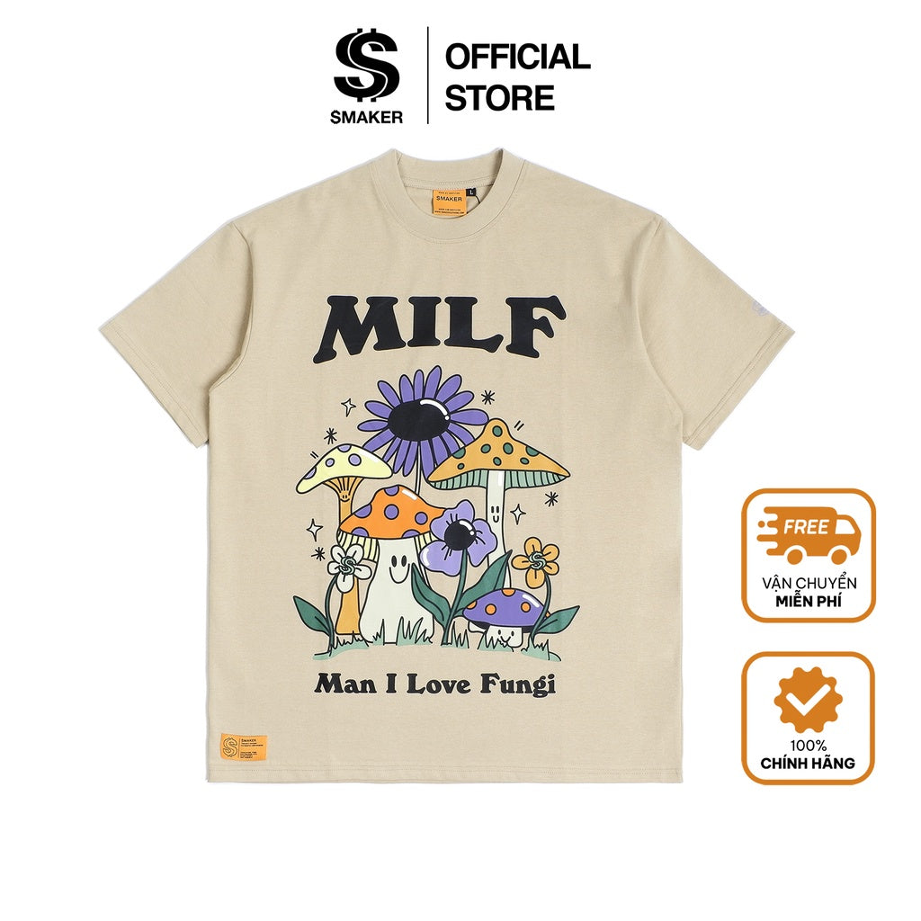 [SMAKER] Unisex cotton t-shirt for men and women, loose form, loose sleeves, genuine local brand - “MILF” TEE IN TAN