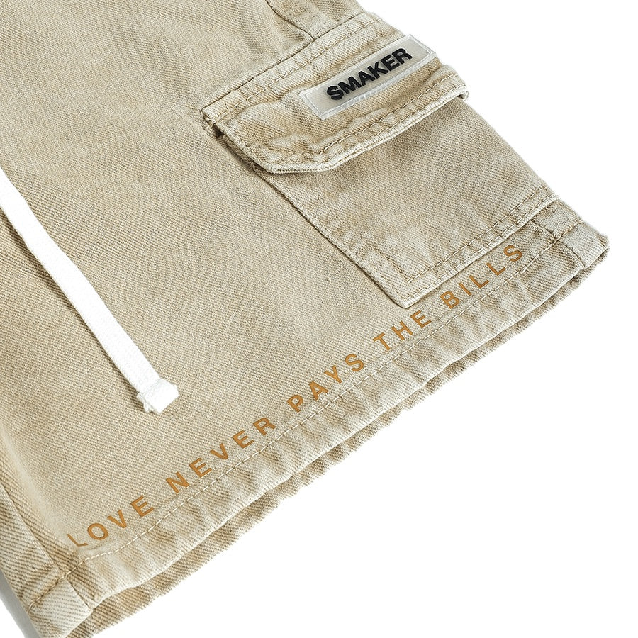 [SMAKER] Men's shorts, cream color khaki wash fabric - POCKETS CARGO SHORTS IN TAN