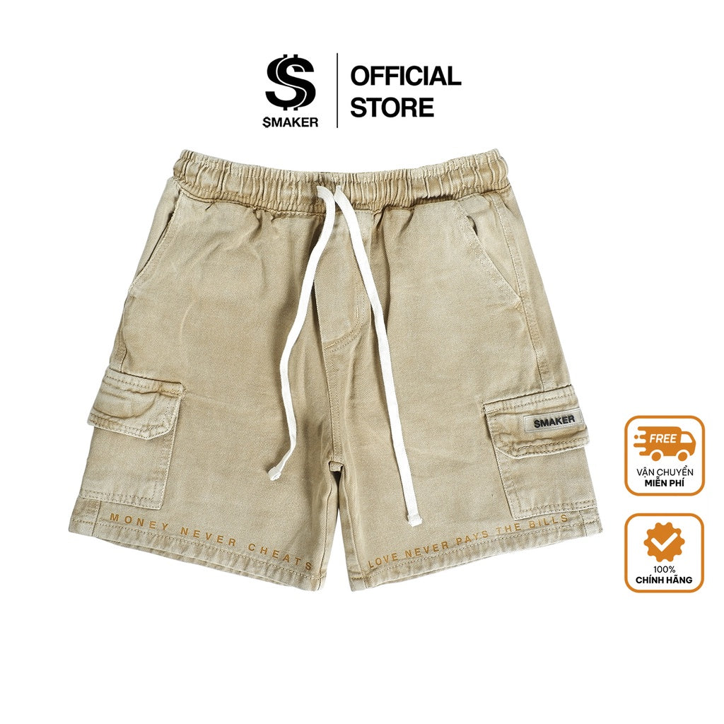 [SMAKER] Men's shorts, cream color khaki wash fabric - POCKETS CARGO SHORTS IN TAN