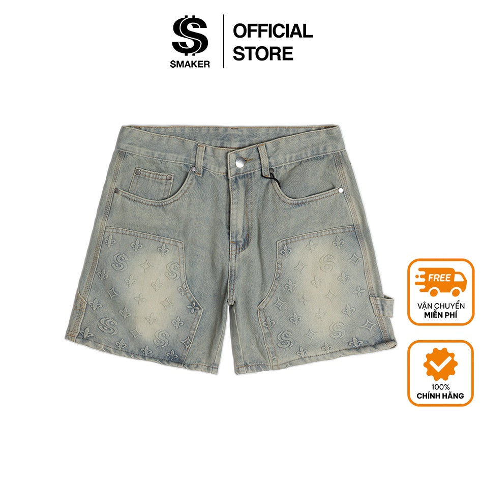 [SMAKER] Embossed logo jean shorts with hologram pattern - EMBOSSED LOGOS SHORT JEANS